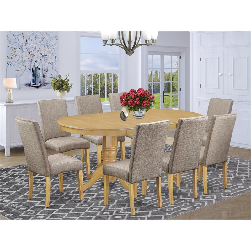 Pemberly Row Vancouver 9-Piece Oak Dining Set with Dark Khaki Upholstery