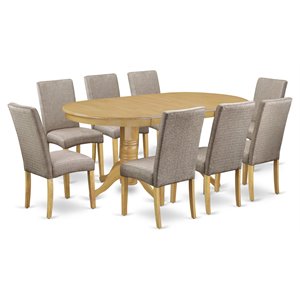 Pemberly Row Vancouver 9-Piece Oak Dining Set with Dark Khaki Upholstery