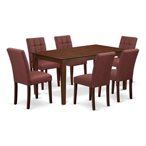 Pemberly Row 7-Piece Dining Table Set Mahogany Wood Burgundy Faux Leather