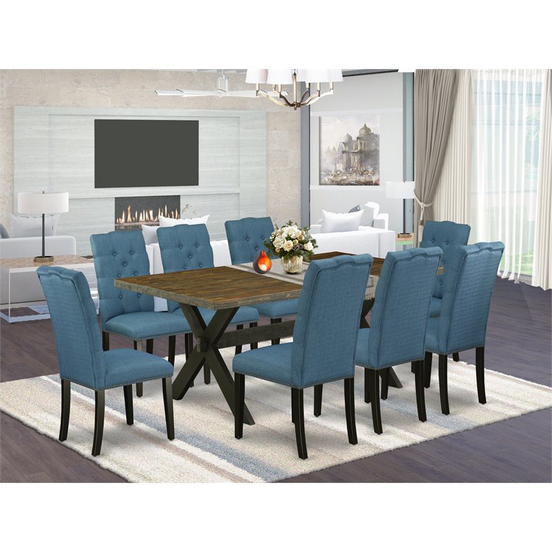 Pemberly Row 9-Piece Dining Table Set in Wire Brushed Black and Mineral Blue