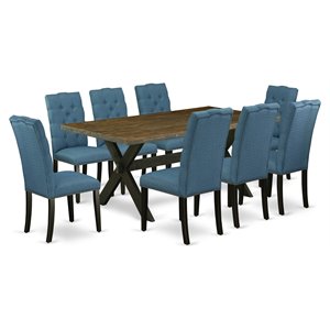 pemberly row 9-piece dining table set in wire brushed black and mineral blue
