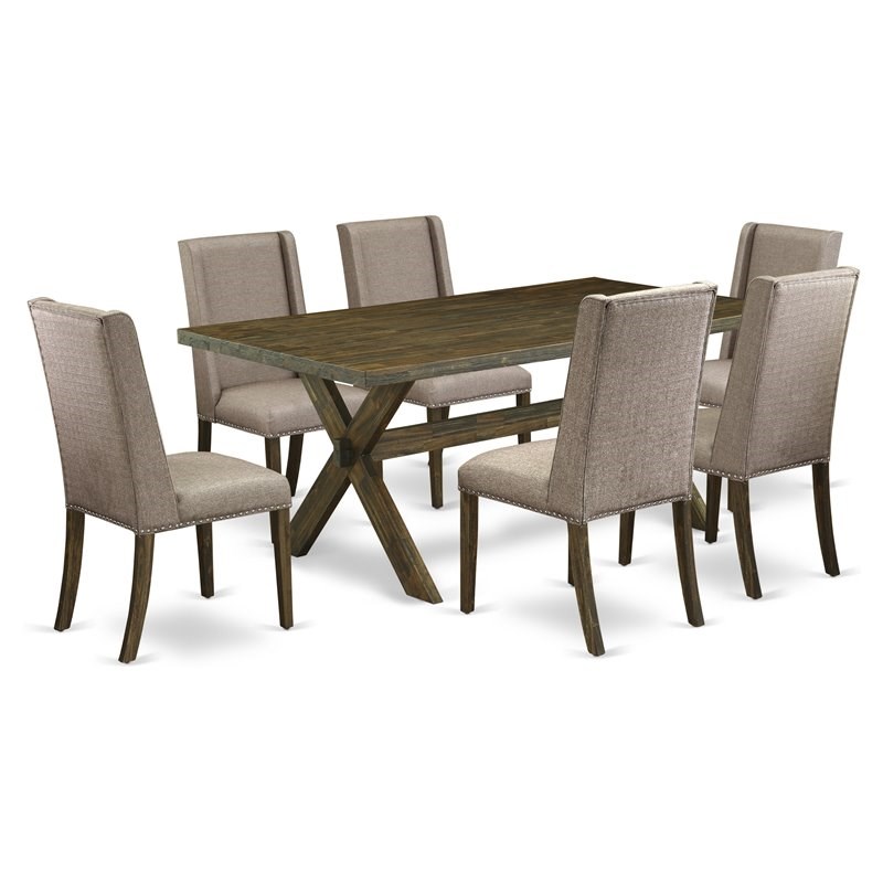 Pemberly Row 7-Piece Wood Dining Set in Dark Khaki with Linen Fabric Chairs