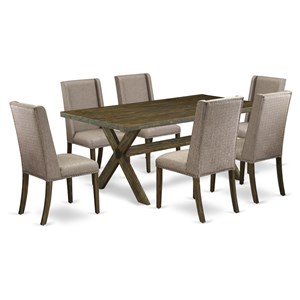 Pemberly Row 7-Piece Wood Dining Set in Dark Khaki with Linen Fabric Chairs