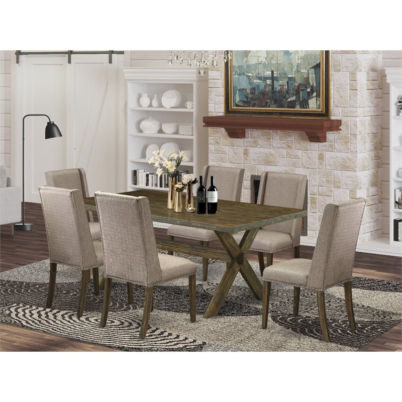 Pemberly Row 7-Piece Wood Dining Set in Dark Khaki with Linen Fabric Chairs