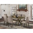 Pemberly Row 7-Piece Wood Dining Set in Dark Khaki with Linen Fabric Chairs
