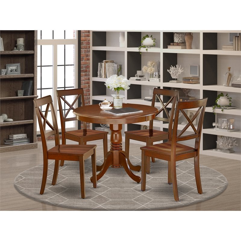 Pemberly Row 5-Piece Wood Dining Set in Mahogany with Linen White Seats
