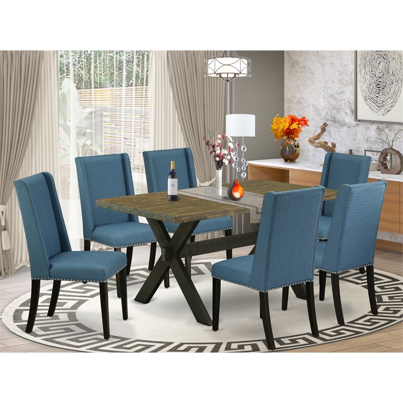 Pemberly Row X-Style 7-Piece Dining Set in Black/Mineral Blue Upholstery