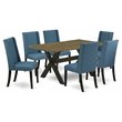 Pemberly Row X-Style 7-Piece Dining Set in Black/Mineral Blue Upholstery