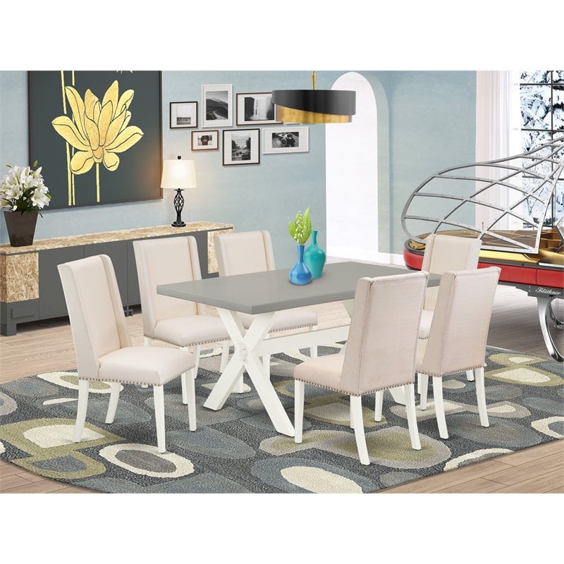 Pemberly Row 7-Piece Wood Dining Set in Cream Linen and Cement Finish