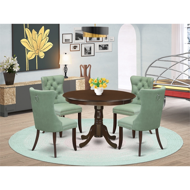Pemberly Row 5-Piece Dining Table Set with Mahogany and Willow Green Upholstery