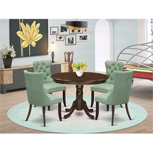 Pemberly Row 5-Piece Dining Table Set with Mahogany and Willow Green Upholstery