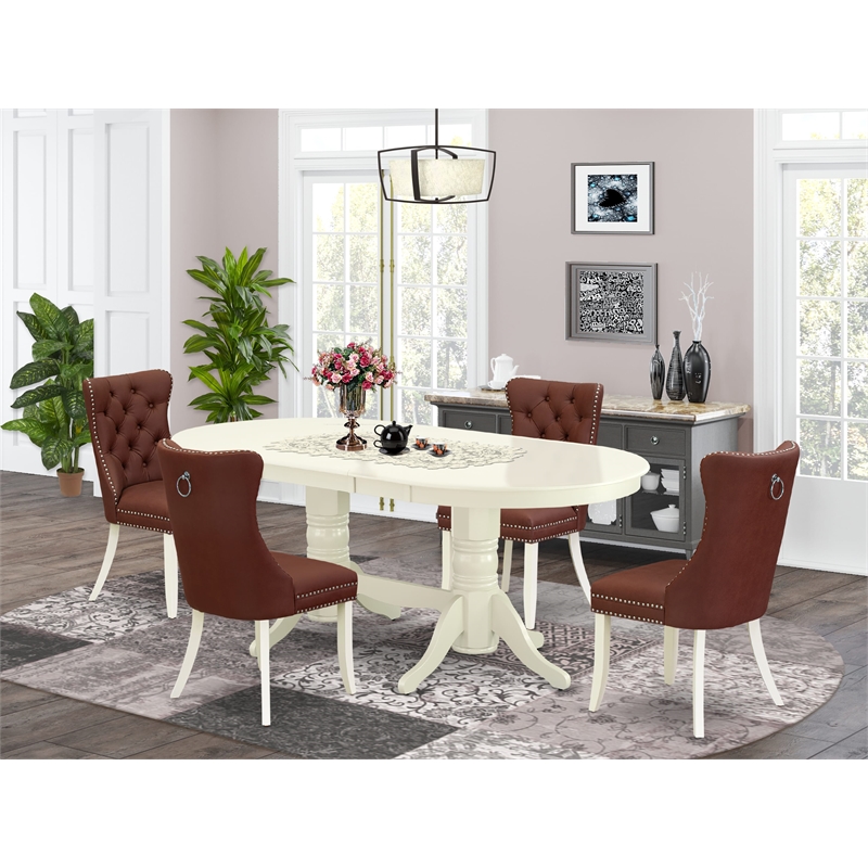 Pemberly Row 5-Piece Oval Wood Dining Set in Linen White and Burgundy