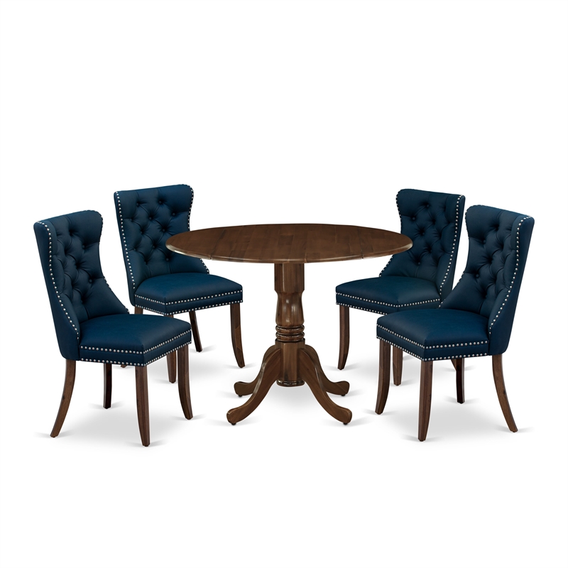 Pemberly Row 5-Piece Round Rubberwood Dining Set in Antique Walnut and Navy