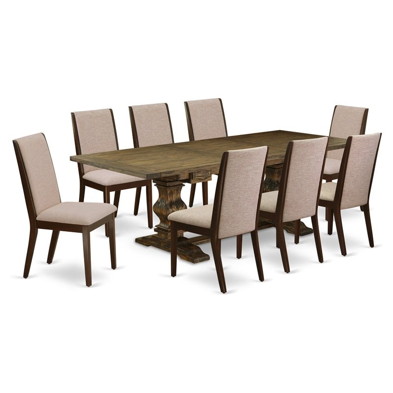 Pemberly Row 9-Piece Wood Dining Set in Jacobean Brown with Parsons Chairs