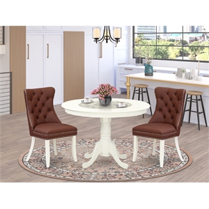 Pemberly Row 3-Piece Round Dining Room Set in Linen White/Burgundy Finish