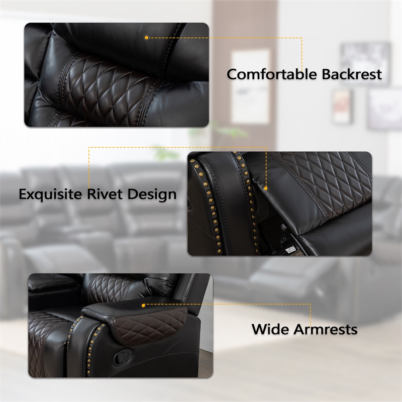 Pemberly Row Manual Recliner L-Shaped Sectional Sofa PU Leather in Black