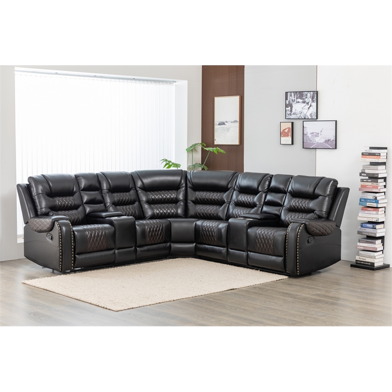 Pemberly Row Manual Recliner L-Shaped Sectional Sofa PU Leather in Black
