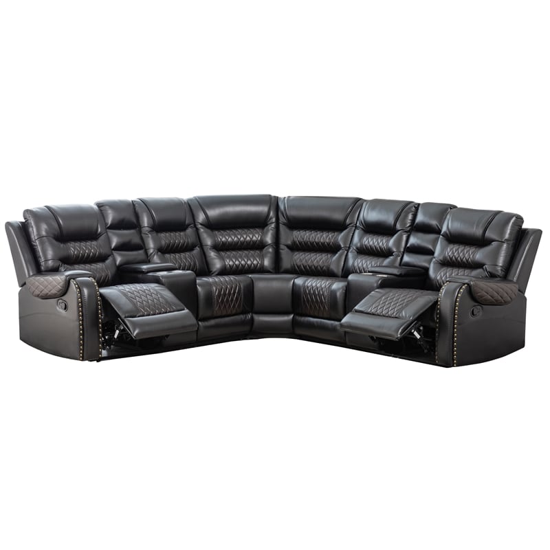 Pemberly Row Manual Recliner L-Shaped Sectional Sofa PU Leather in Black
