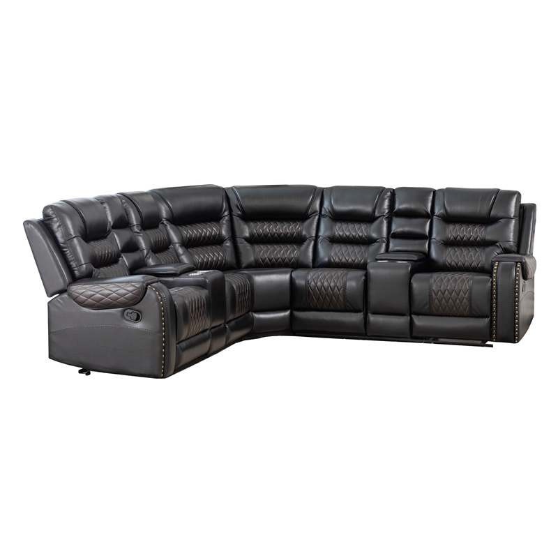 Pemberly Row Manual Recliner L-Shaped Sectional Sofa PU Leather in Black