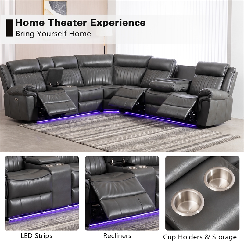 Pemberly Row 6-Seater Electric Recliner Faux Leather Sofa in Gray