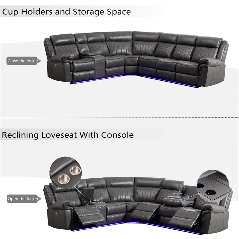 Pemberly Row 6-Seater Electric Recliner Faux Leather Sofa in Gray