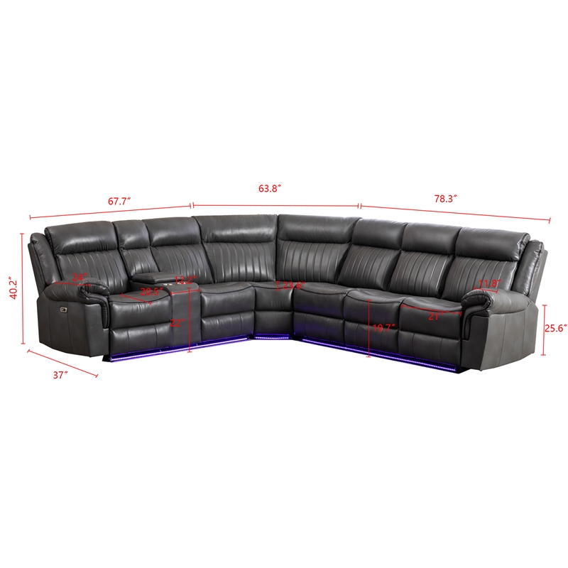 Pemberly Row 6-Seater Electric Recliner Faux Leather Sofa in Gray