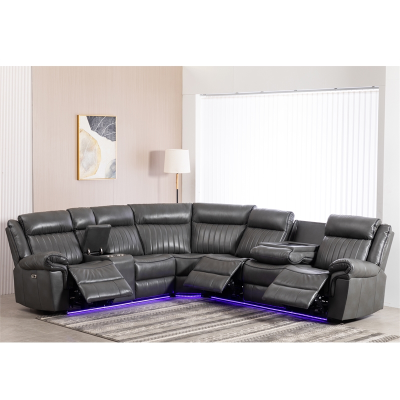Pemberly Row 6-Seater Electric Recliner Faux Leather Sofa in Gray