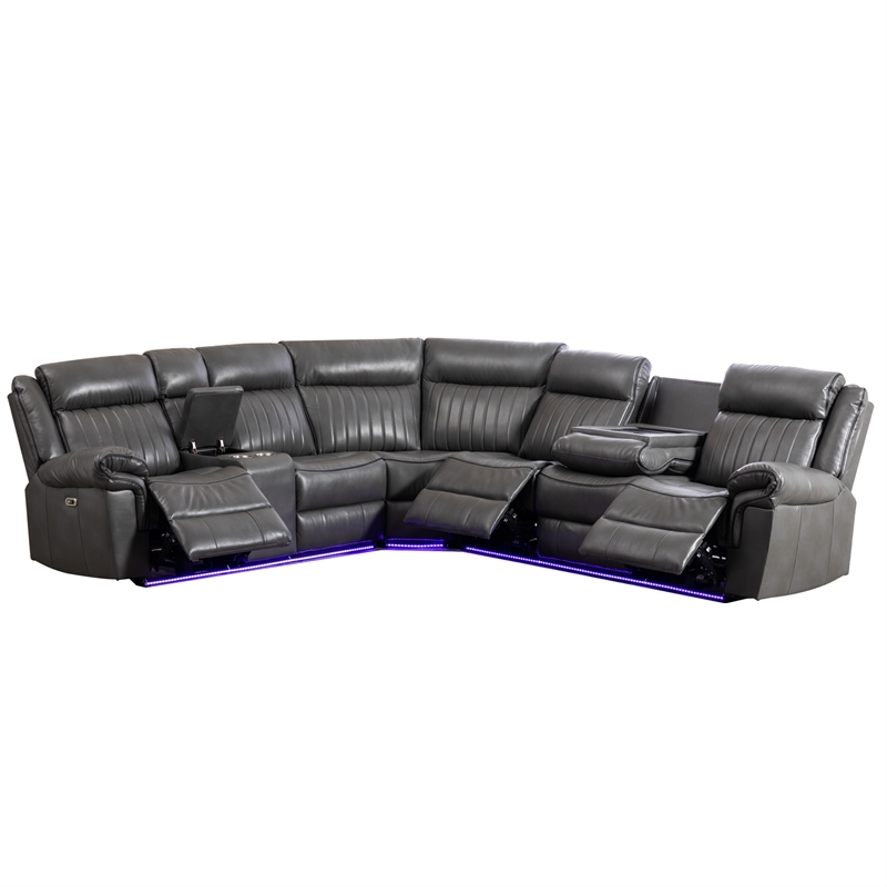 Pemberly Row 6-Seater Electric Recliner Faux Leather Sofa in Gray