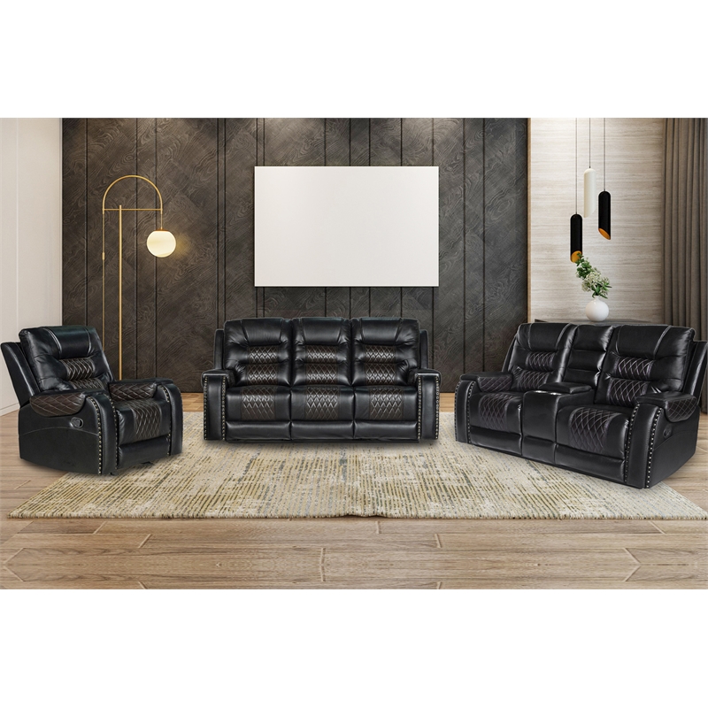 Pemberly Row 3-Piece Manual Recliner Sofa Set PU Leather in Black