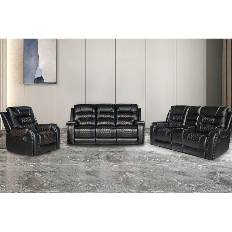 Pemberly Row 3-Piece Manual Recliner Sofa Set PU Leather in Black