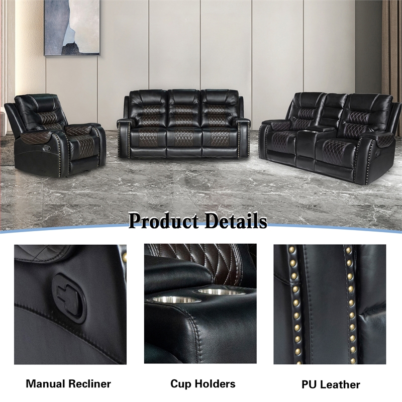 Pemberly Row 3-Piece Manual Recliner Sofa Set PU Leather in Black