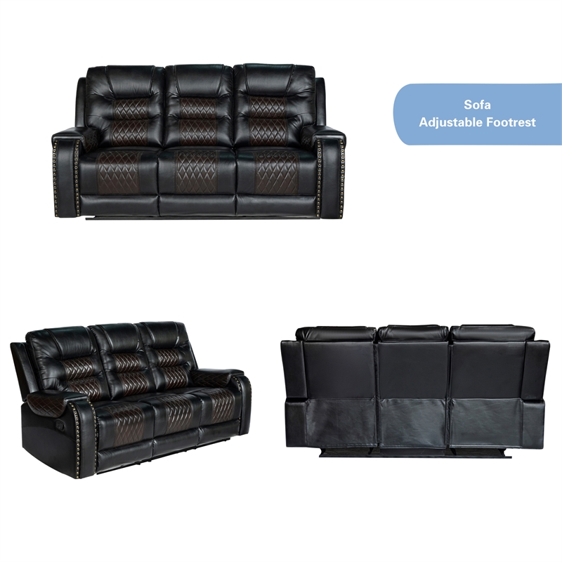 Pemberly Row 3-Piece Manual Recliner Sofa Set PU Leather in Black