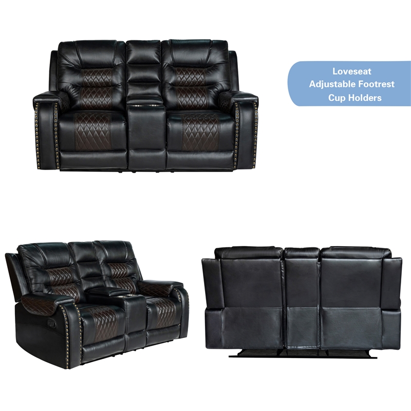 Pemberly Row 3-Piece Manual Recliner Sofa Set PU Leather in Black