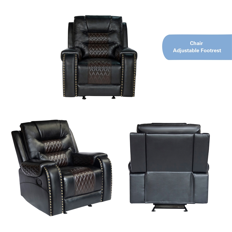Pemberly Row 3-Piece Manual Recliner Sofa Set PU Leather in Black