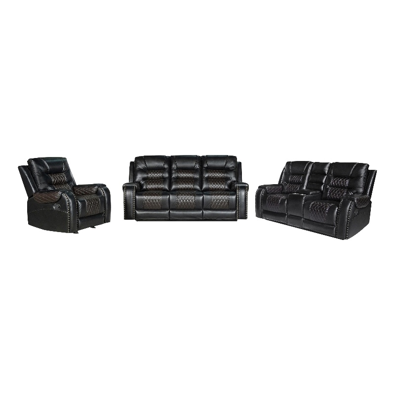 Pemberly Row 3-Piece Manual Recliner Sofa Set PU Leather in Black