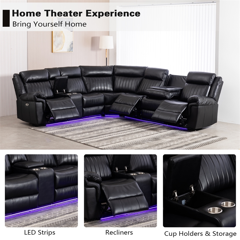 Pemberly Row 6-Seater Electric Recliner Faux Leather Sofa in Black