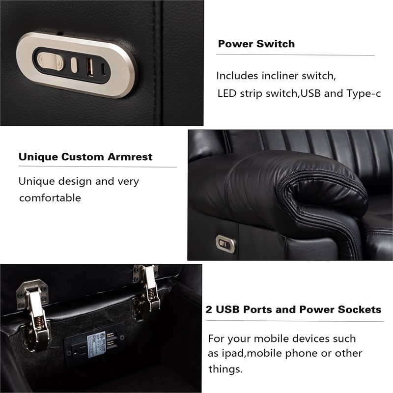 Pemberly Row 6-Seater Electric Recliner Faux Leather Sofa in Black