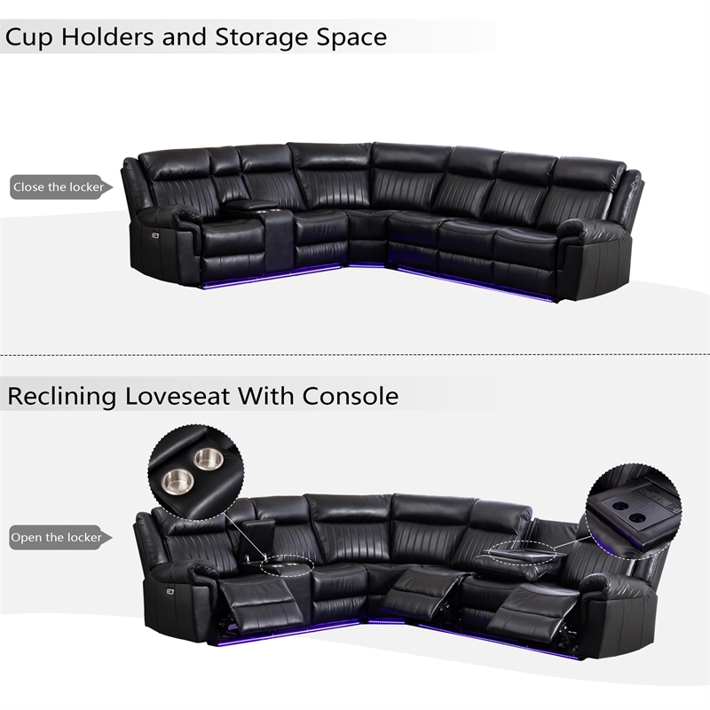 Pemberly Row 6-Seater Electric Recliner Faux Leather Sofa in Black