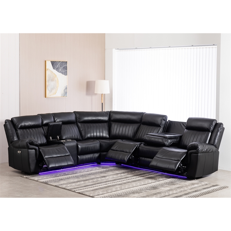 Pemberly Row 6-Seater Electric Recliner Faux Leather Sofa in Black