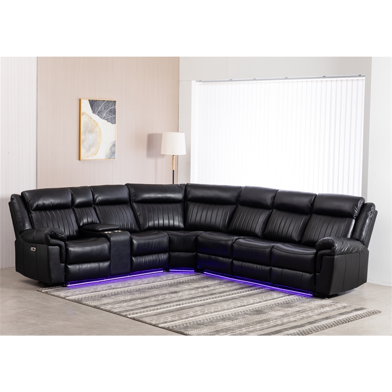 Pemberly Row 6-Seater Electric Recliner Faux Leather Sofa in Black