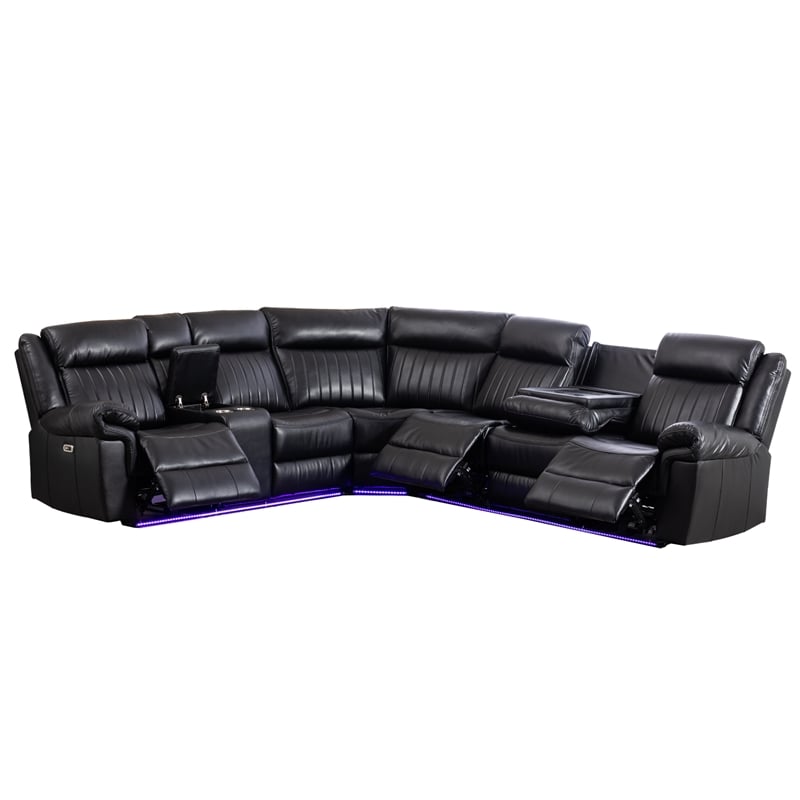 Pemberly Row 6-Seater Electric Recliner Faux Leather Sofa in Black
