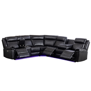 Pemberly Row 6-Seater Electric Recliner Faux Leather Sofa in Black