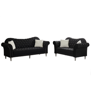Pemberly Row Modern Velvet Button Tufted Sofa and Loveseat Set in Black