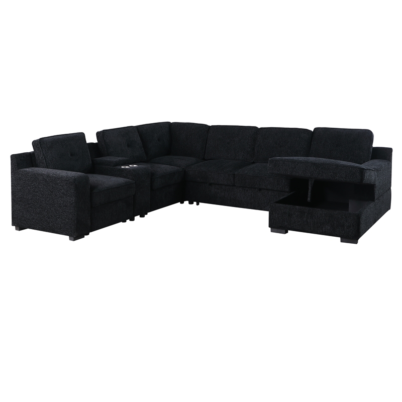 Pemberly Row Chenille Pull Out Sofa Bed 7-Seater with Console in Black