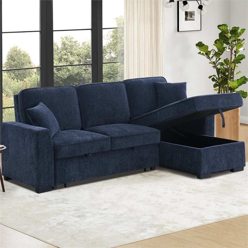 Pemberly Row Chenille L-Shaped Pull Out Sleeper Sofa Bed in Dark Blue