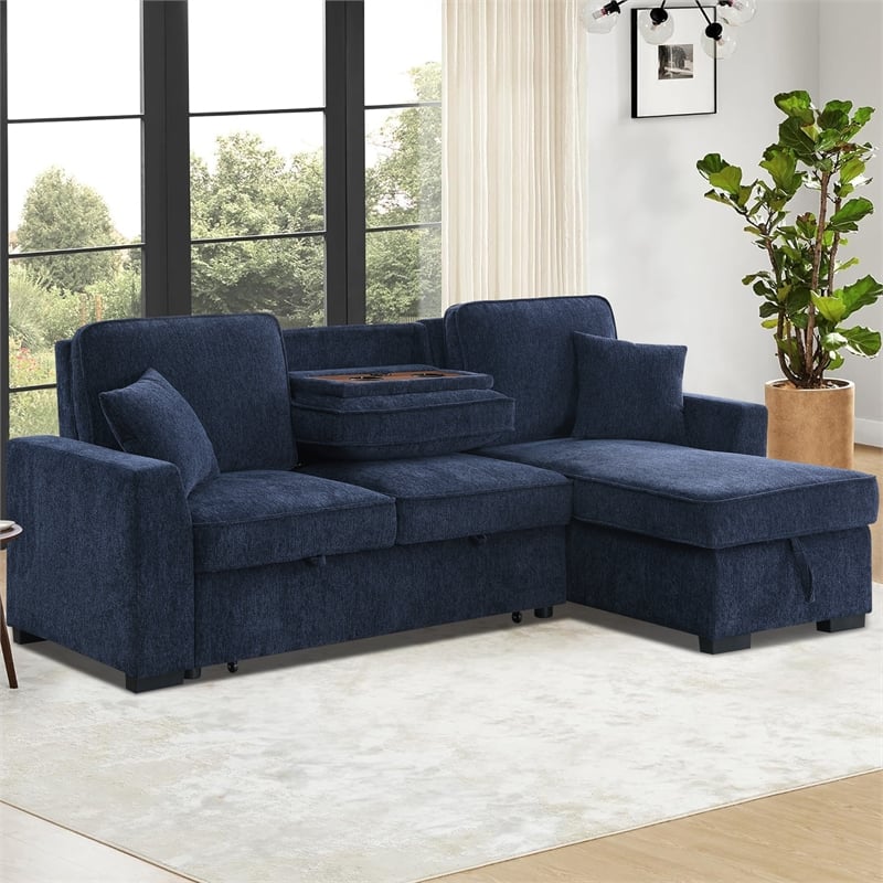 Pemberly Row Chenille L-Shaped Pull Out Sleeper Sofa Bed in Dark Blue
