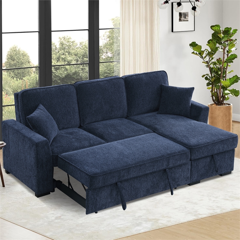 Pemberly Row Chenille L-Shaped Pull Out Sleeper Sofa Bed in Dark Blue