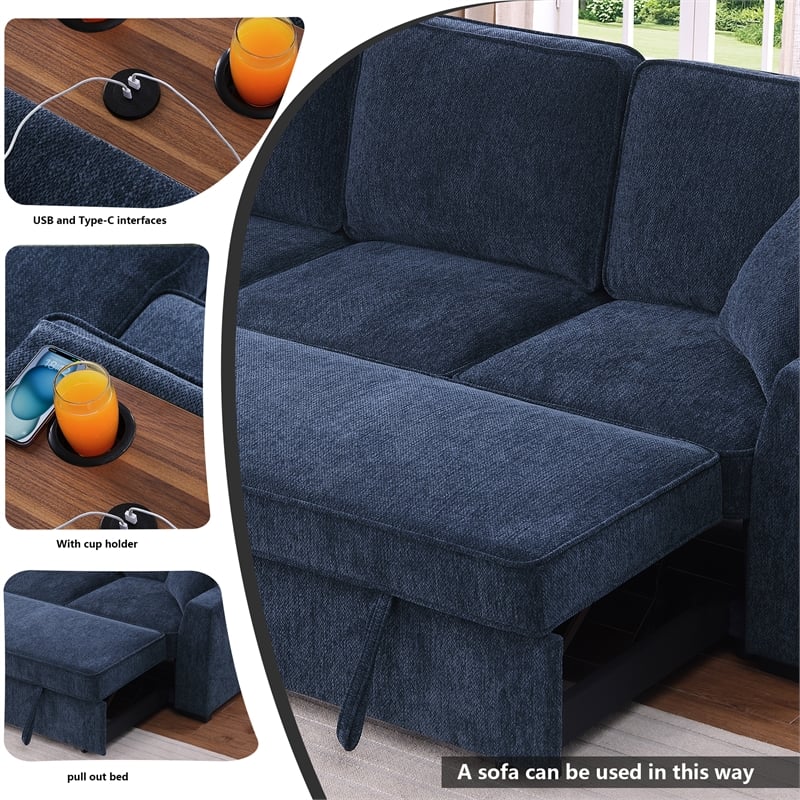 Pemberly Row Chenille L-Shaped Pull Out Sleeper Sofa Bed in Dark Blue