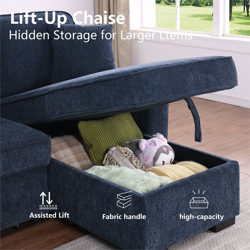 Pemberly Row Chenille L-Shaped Pull Out Sleeper Sofa Bed in Dark Blue