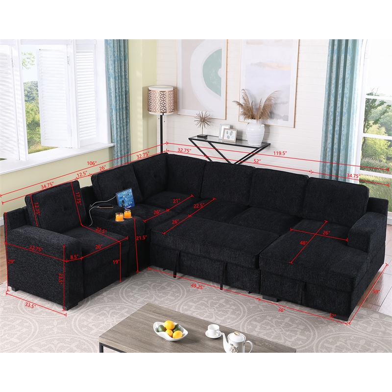 Pemberly Row Modern Chenille 6-Seater Pull Out Sofa Bed in Black